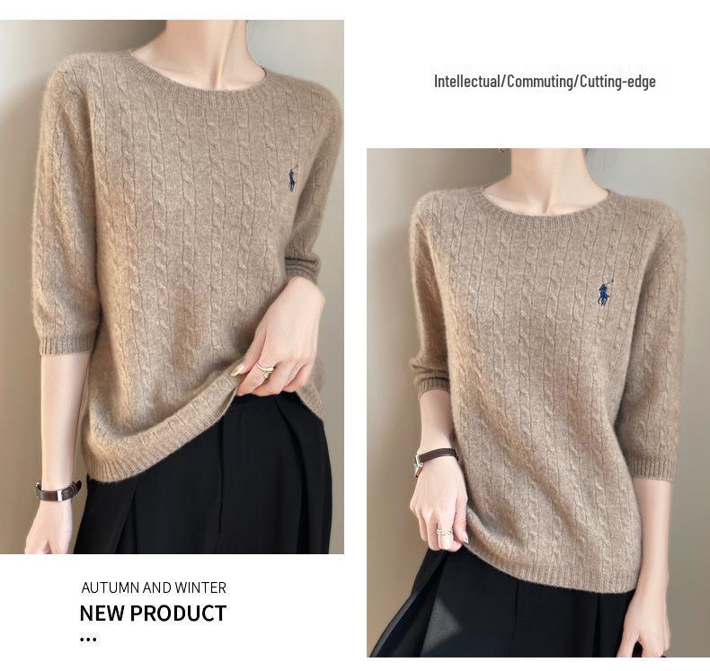 Классический женский свитер крупной вязки - Осенний с круглым вырезом и облегающим дизайном рукава пять восьмых