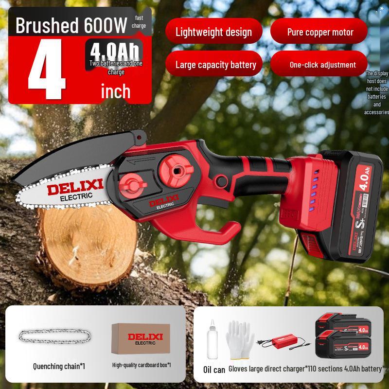 Delixi Rechargeable Brushless Electric Chainsaw with Lithium Battery - Handheld Garden Pruning and Felling Tool for Fruit Trees.