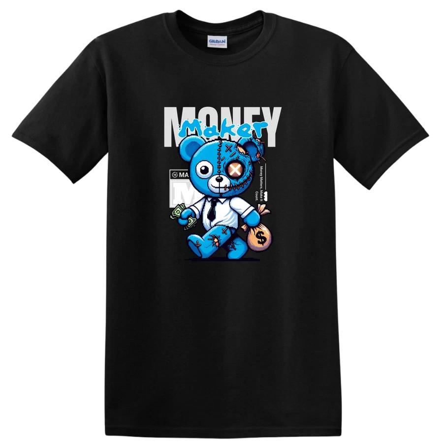 Money Maker Teddy Bear Cartoon T Shirt Cute Blue Bear Tee for Fun Occasions