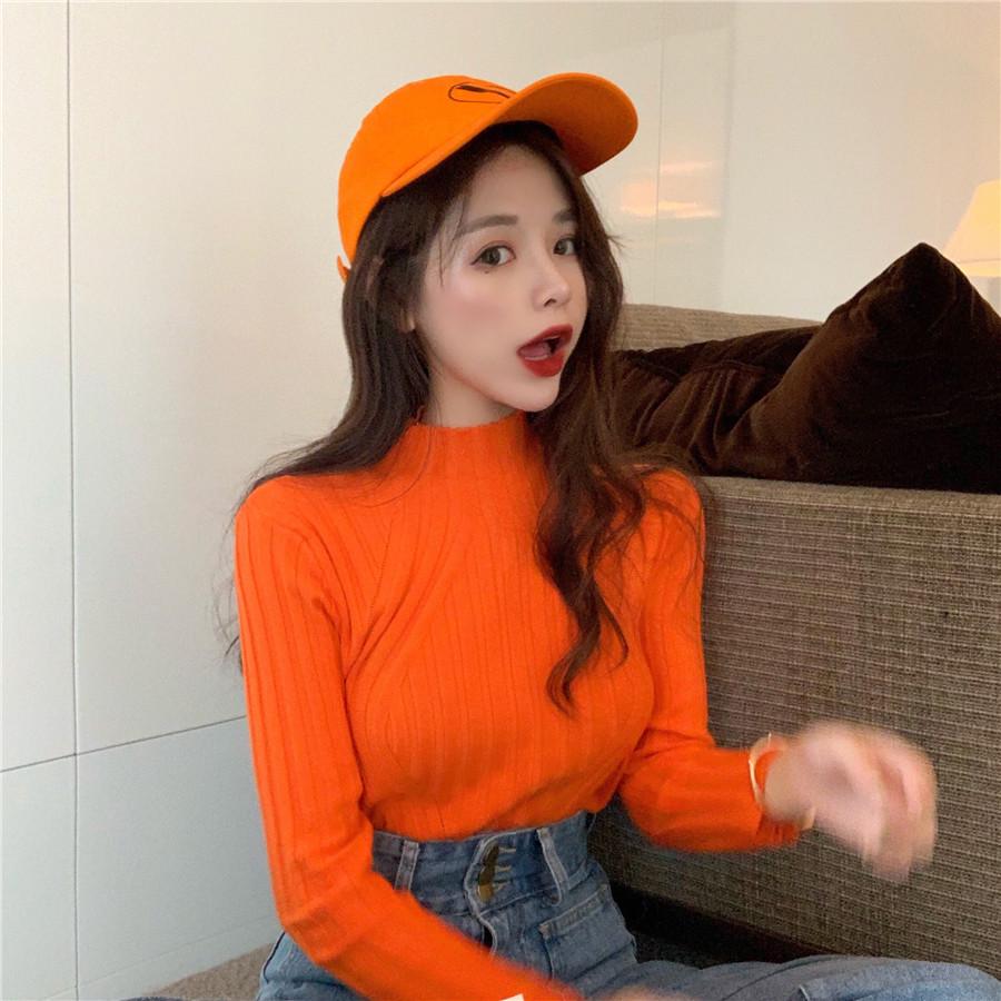 Рубашка снизу с полувысоким воротником, женская осенне-зимняя пуловер в Корейском стиле, трикотаж, узкие топы с длинными рукавами
