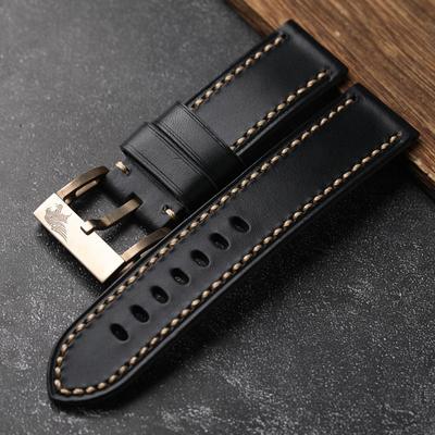 Классический черный итальянский ремешок для часов из коровьей кожи первого слоя 22 24 26 мм с черной бронзовой пряжкой, винтажный мужской браслет для часов, утолщенный мужской