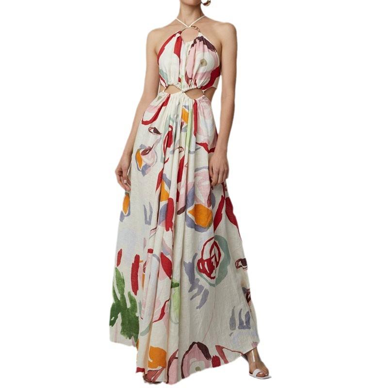 Spring and summer new European and American women's clothing slim-fitting swing dress sexy suspender print dress beach dress
