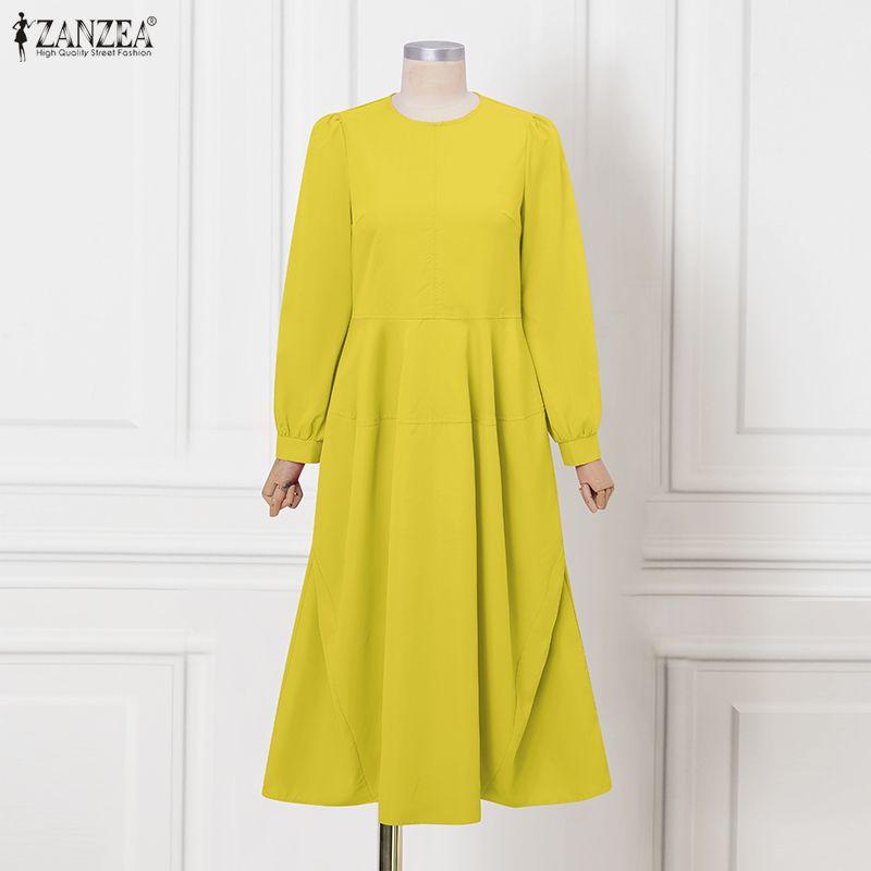 ZANZEA Женское платье с круглым вырезом, однотонное, с длинным рукавом, свободного кроя, повседневное, плиссированное, длинное