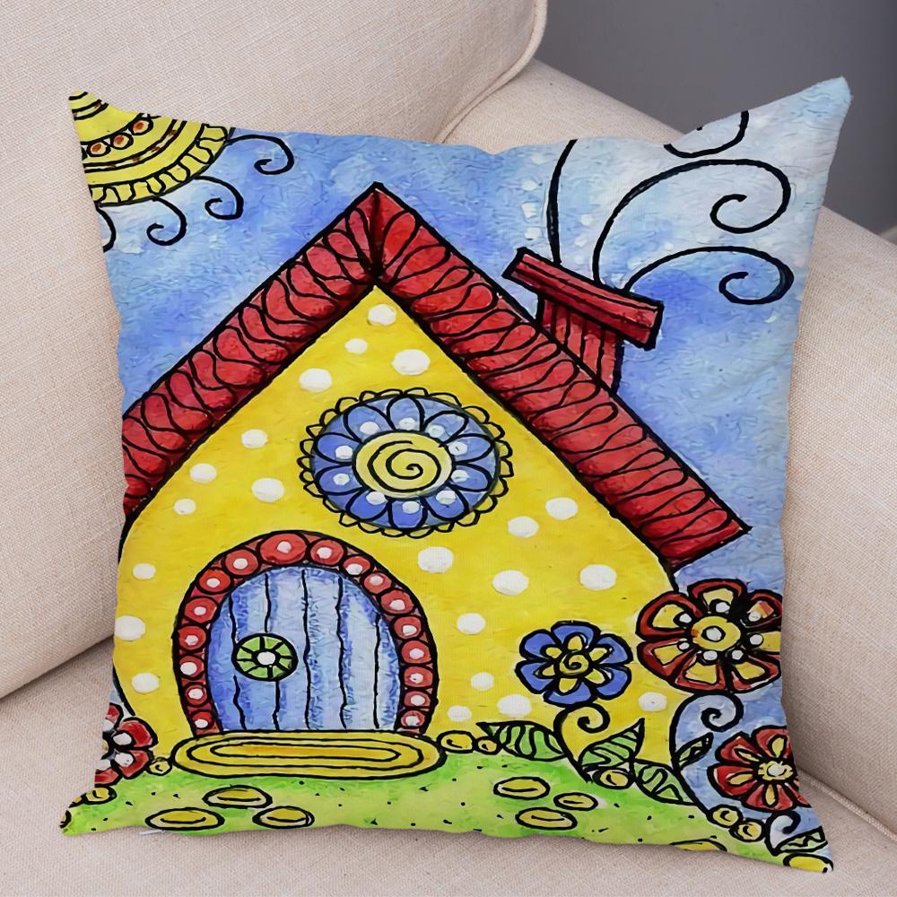 Детская живопись маслом Искусство Наволочка для подушки Обе стороны Плюшевая наволочка Декор Мультяшное растение Наволочка для дивана Дома Машины