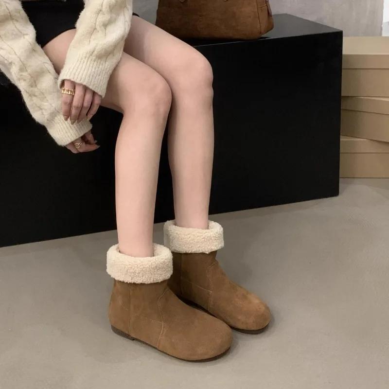 Ретро женские ботинки Высокие женские туфли Зимняя женская обувь Плюшевые короткие ботинки Женские с круглым носком Модные замшевые ботинки Ботас
