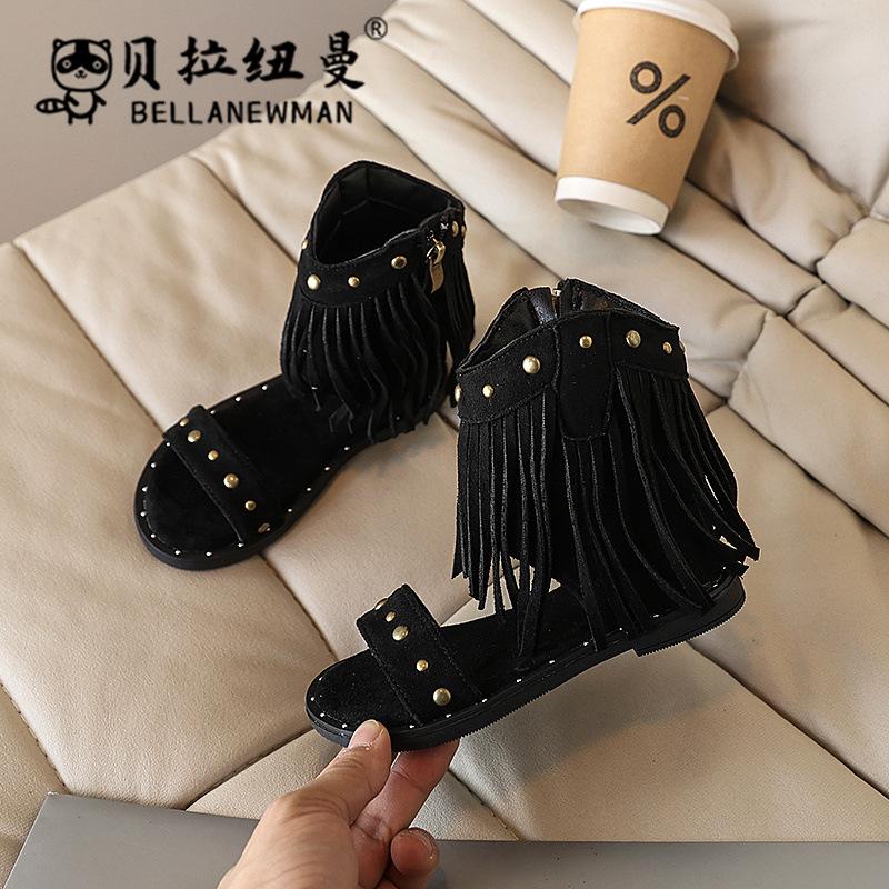 Trendy summer sandals for girls, new fashion one-strap Roman shoes, bohemian style with tassels, children's cool boots