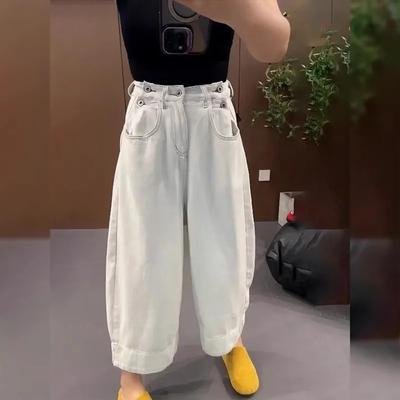 Женские брюки больших размеров свободного кроя с широкими штанинами, дизайном с четырьмя рядами пуговиц и девятидюймовым денимом