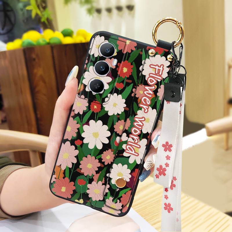 Phone Holder Durable Phone Case For Realme C65 Oil Painting Anti-dust Flower Silicone Shockproof Wristband Waterproof