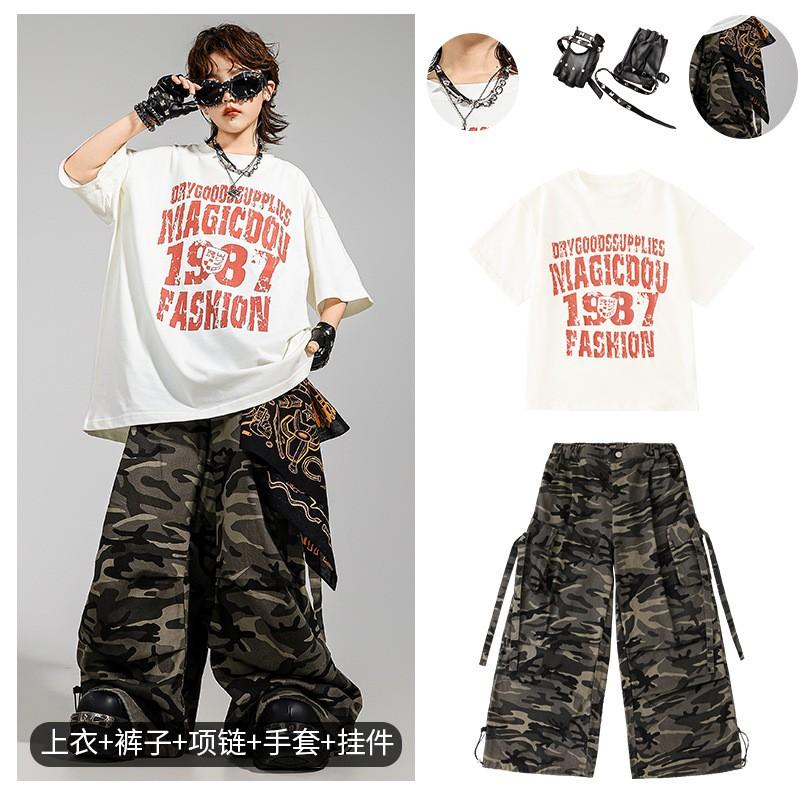 Kids Hip Hop Dance Outfit Set With Camo Cargo Pants Retro Print Tee Boys Girls Street Performance