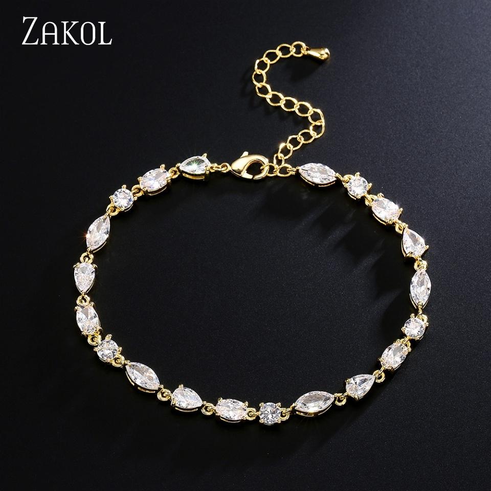 ZAKOL Fashion Personalized Micro-set CZ Zircon Women's Link Bracelet Shiny Exquisite Bride Wedding Party Jewelry