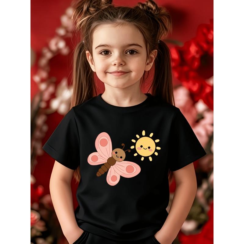 European sizes Girls' Short-Sleeve T-Shirt with Cute Butterfly & Sun Print - Loose Fit Round Neck Blouse Suitable for, Summer Playwear, Casual