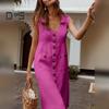Summer Women Lapel V Neck Shirt Dress Sleeveless Single Breasted Pockets Solid Color Midi Dress Streetwear