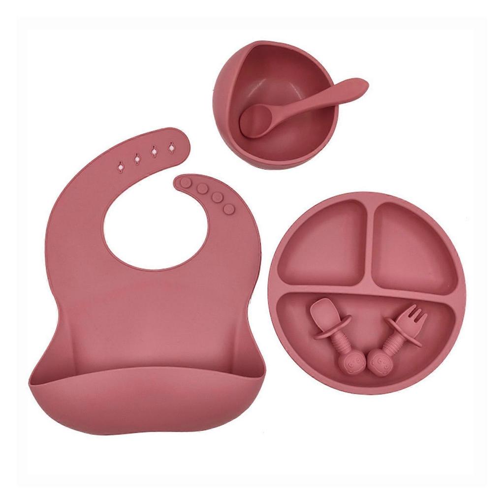6 Pcs Baby Silicone Bib Divided Dinner Plate Suction Bowl Spoon Fork Set Training Feeding Food Utensil Dishes Tableware Brick Red