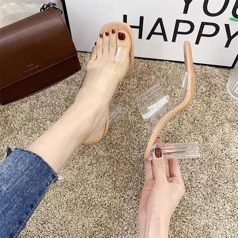 New Summer Transparent Sandals Women's Medium Heel Thick Heel Crystal High Heels Fairy Style Word with Cool Slippers