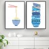 Stacked Bowls Watercolor Noodle Art Print Poster Japanese Ramen Canvas Painting Blue Style Wall Art Modern Kitchen Decor Picture