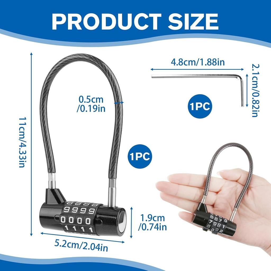 4 Digit Combination Cable Padlock with 7 inch(175 mm) Bold Steel Cable Long Lock Waterproof for Lockers, Bikes, Cabinets, Gates, Small Sheds