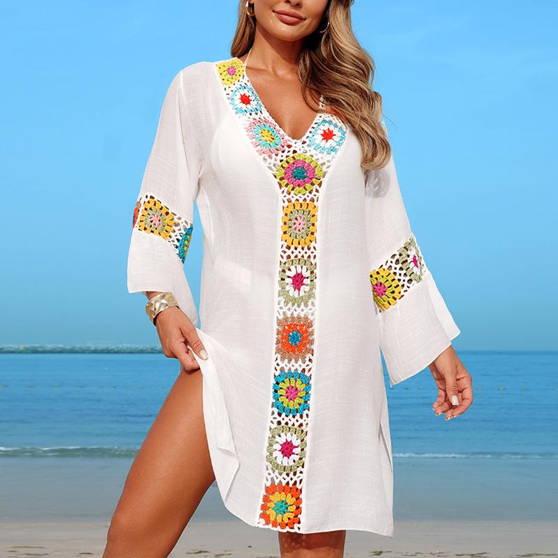 New Patchwork Flower Block Beach Dress Fabric Flower Beach Vacation Sun Protection Smock for Women