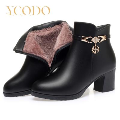 Женские удобные повседневные кожаные ботинки на высоком каблуке с плюшевой подкладкой на осень/зиму