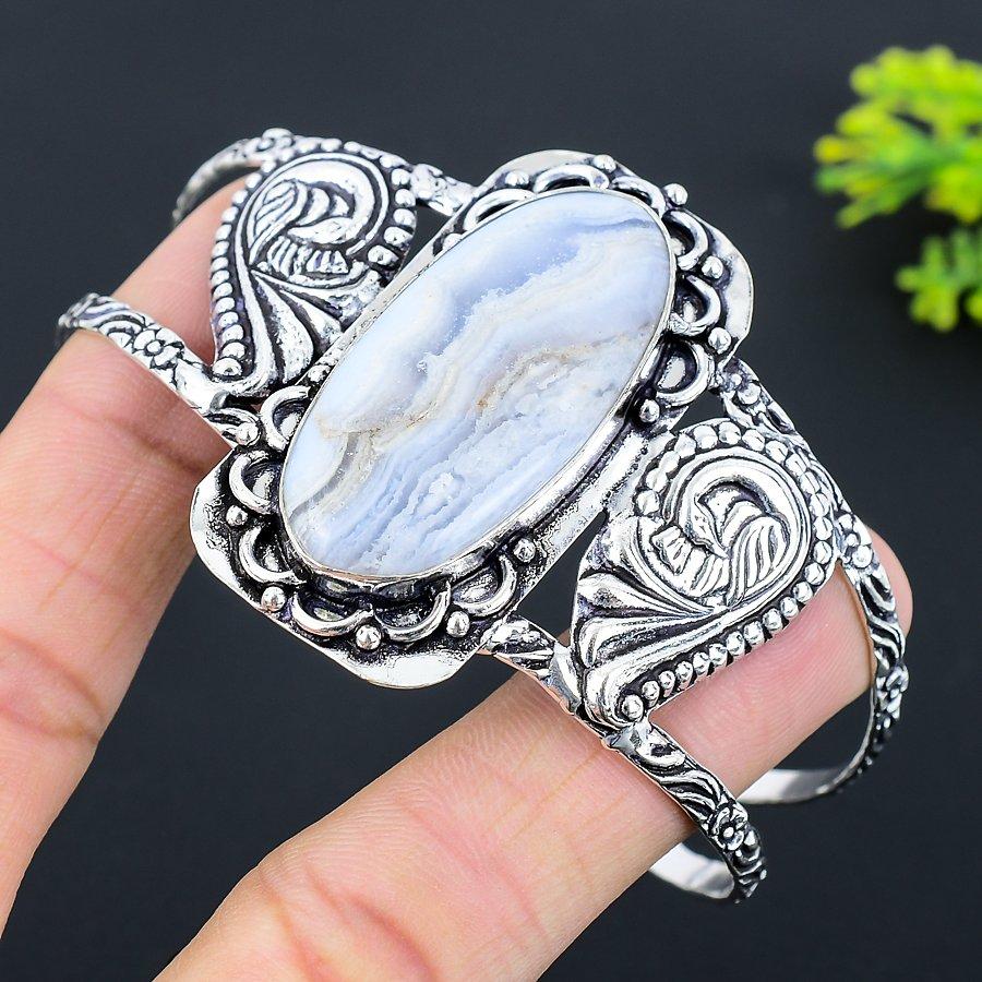 Натуральный синий кружевной агат, драгоценный камень, браслет-манжета из стерлингового серебра 925 пробы, регулируемый N4V44