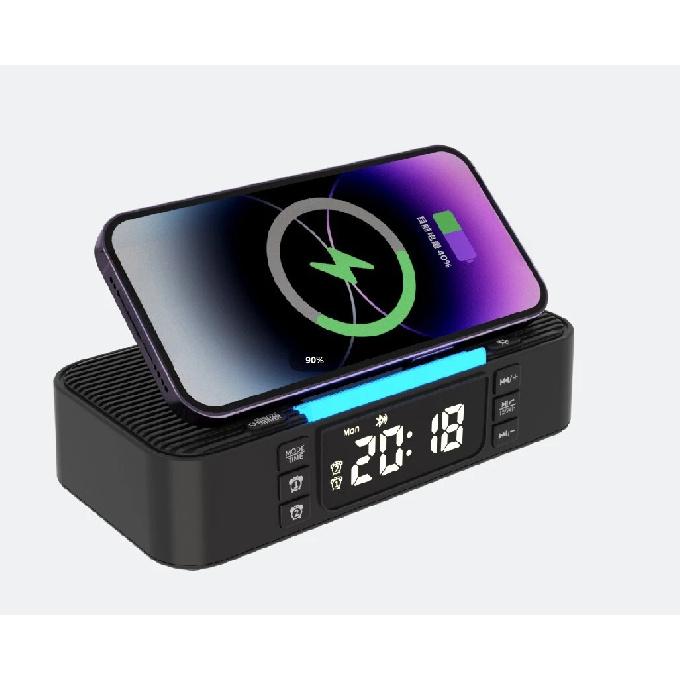 Беспроводная зарядка Bluetooth-динамик Часы FM-радио Ночник Электрический двойной динамик Громкий будильник Порты USB и Type-C для зарядки телефона
