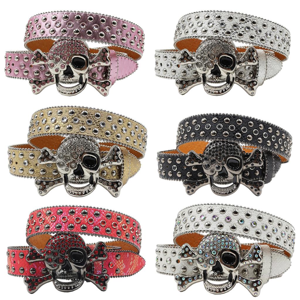 Snake Pattern Diamond Skull Belt Pin Buckle Retro Rhinestone Men and Women Denim Belt Fashion Hip-hop Punk Outfit