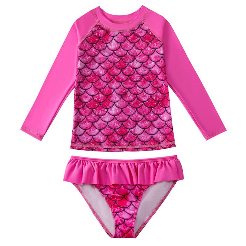 Girls' Two-Piece Split Swimsuit Sweet Long Sleeve Cartoon Fish Scale Print Pullover With Ruffle Briefs Swimwear Set Beach Wear