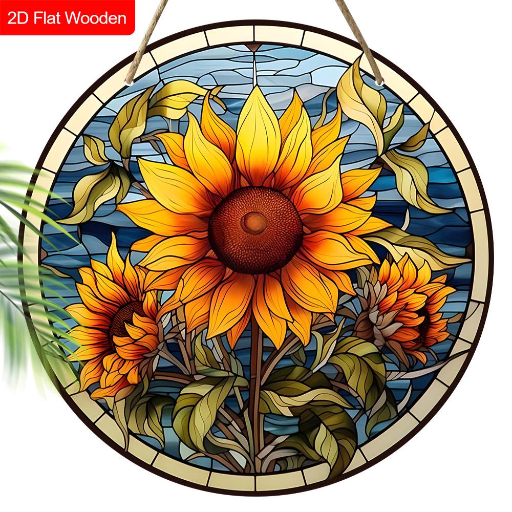 Rustic Wooden Sign with Sunflower Pattern, Round Sign for Front Door, Wall Hanging Decor, Ideal Gift for Friend & Family