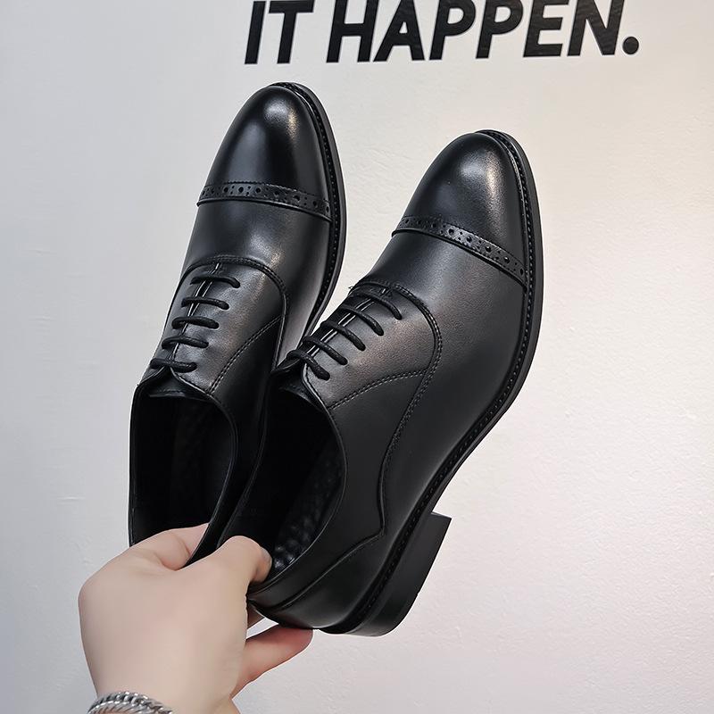Casual leather shoes men's formal wear spring and autumn office brown derby heightening wedding groom shoes-A