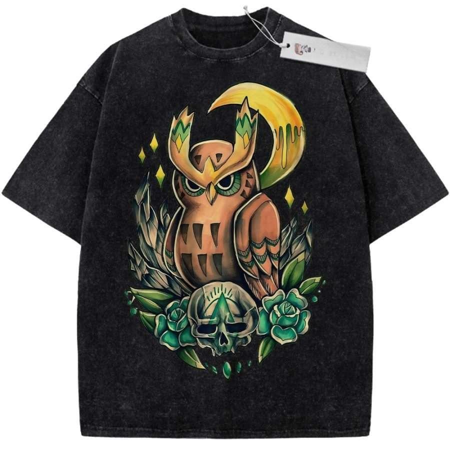 Unisex Washed Beige Vintage T Shirt Original Owl Skull Moon High Quality Fabric for Home Leisure Travel Shopping