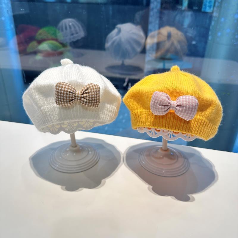 Fashion Cute Baby Hat Solid Color Bow Warm Beret Hat For Girls Vintage Princess Beret Hat Children Autumn Winter Cap Gifts