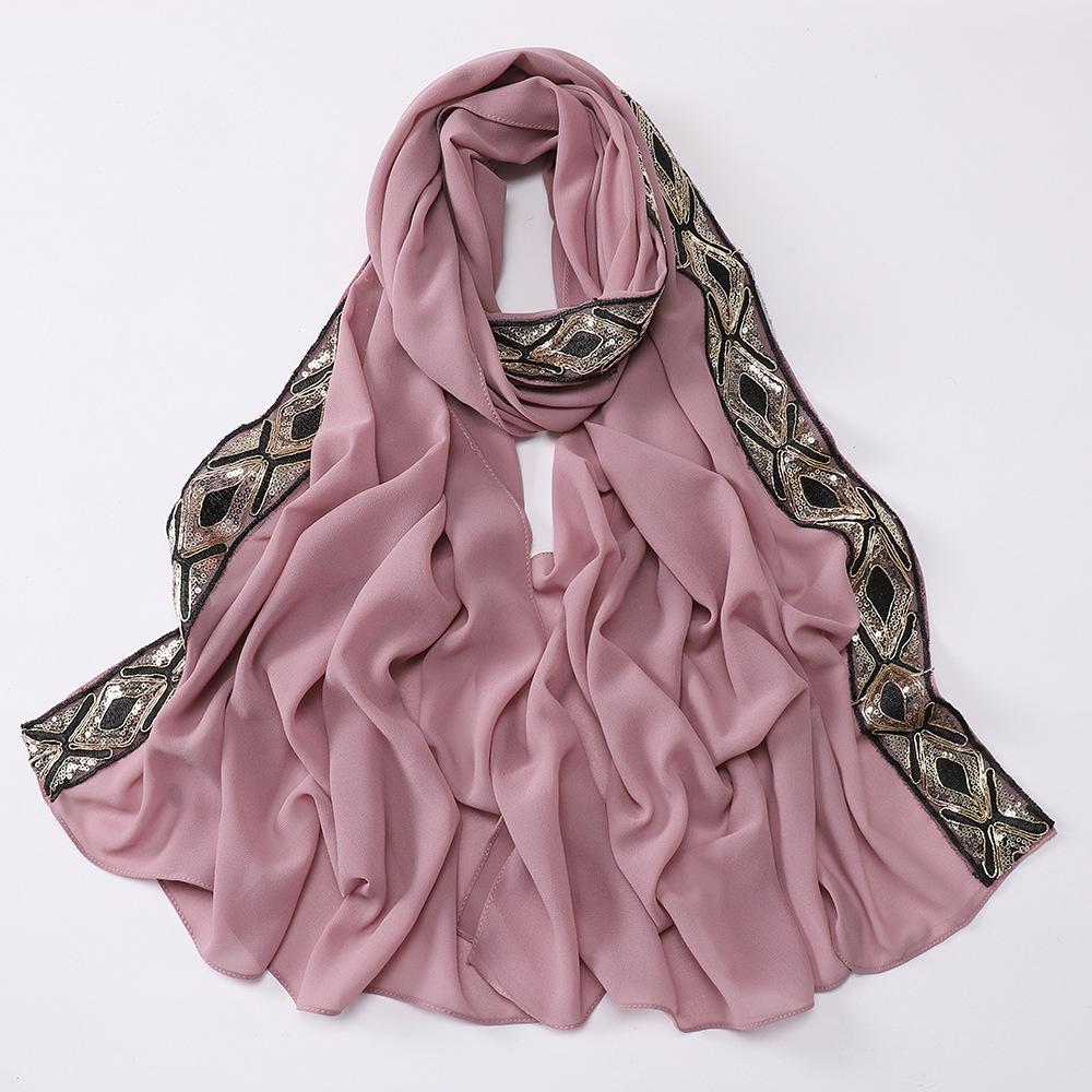 New Pearl Chiffon Embroidered Sequins Decorative Wrap Headscarf, Malaysia Indonesia Fashion Lace Ladies Scarf
