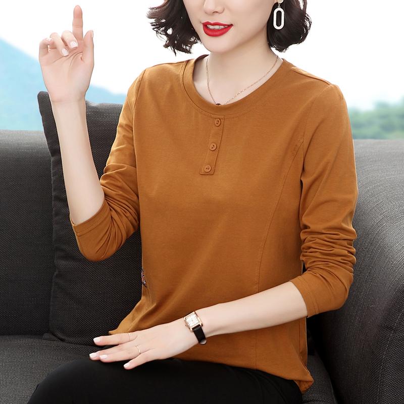 Women's Spring and Summer T -shirt Middle -aged Base Shirt Pure Cotton Long Sleeve Loose Top Fashion New Middle -aged Mothers Clothes