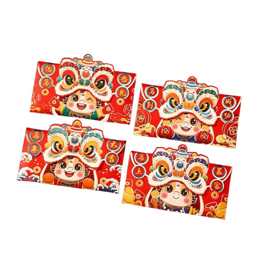 4 шт. Мультяшный Новогодний конверт для денег, Бумажное рукоделие, Смешанный узор, Мешочек для удачи, Благословение, Утолщенный, 2026 год Лошади, Красные карманы