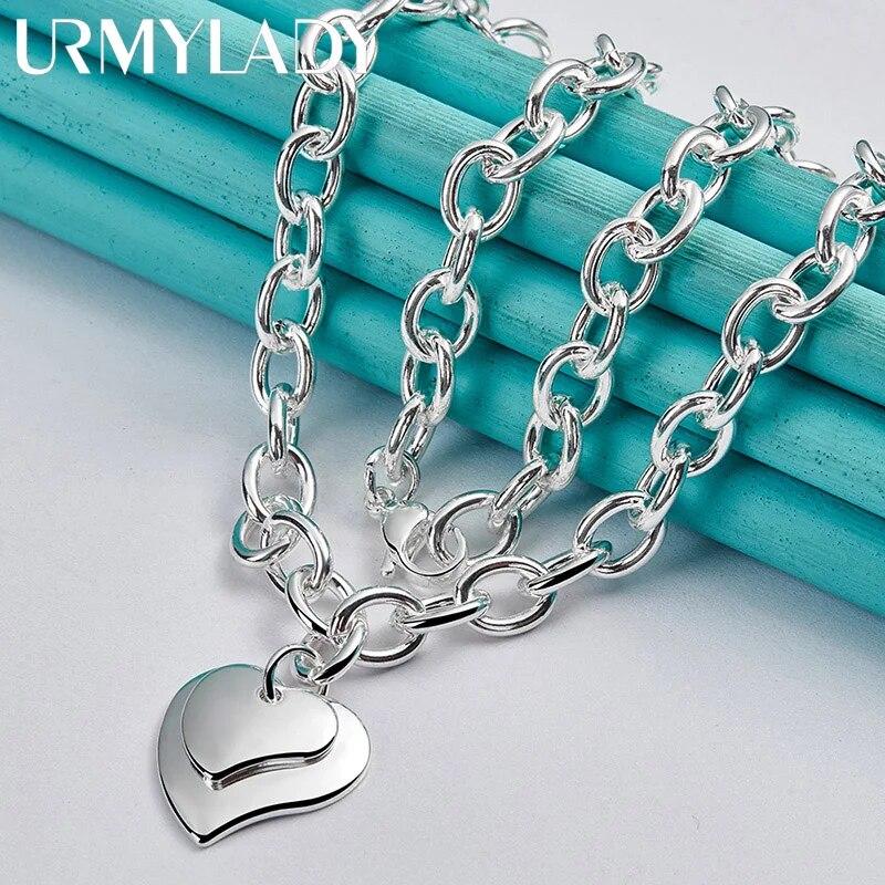 URMYLADY стерлингового серебра 925 пробы с двойным сердцем 18 дюймов кулон ожерелье для женщин свадьба помолвка модные украшения