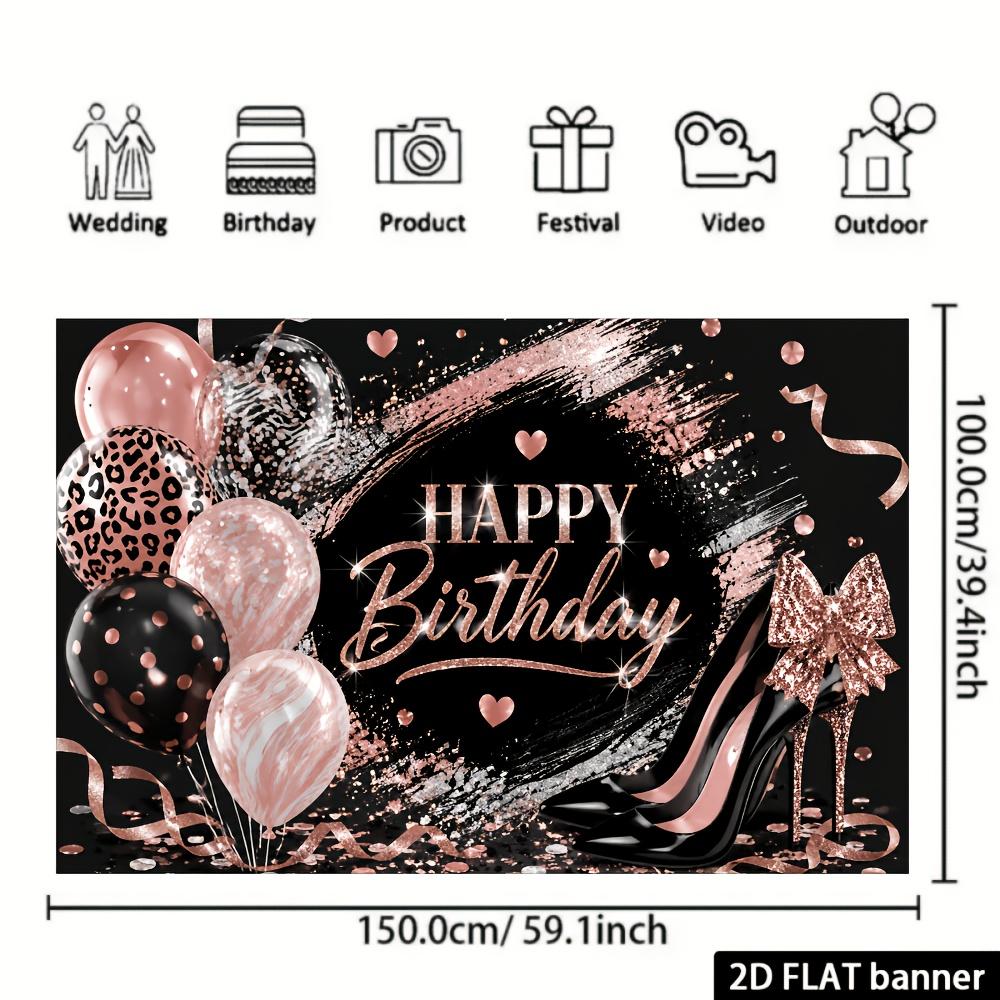 2D Flat Banner, Rose Golden Birthday Backdrop, Balloons and Leopard Print, Sparkling Heart Sequins, for Parties Photo Backgrounds