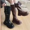 Black Retro British Style Thick Heel Platform Boots Women's New Autumn But Knee Height Knight Boots