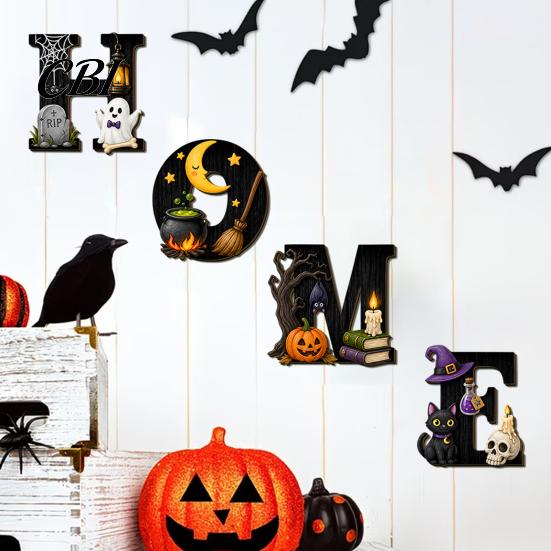 Fireplace Hanging Ornaments Halloween HOME Letter Wall Ornament, Wooden Festive Decor with Ghost Skull Cute Black Cat Sign Pumpkin Bat Elements