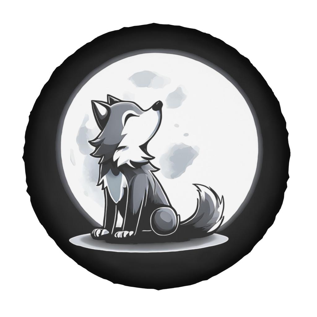 2D Flat Printing 1pc Cartoon Wolf Howling At Full Moon Printed Car Tire Cover, Universal Stylish Spare Wheel Protector, Perfect