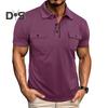 Men's Lapel T-shirt with Chest Pockets Short Sleeve Button-up Collar Tee Solid Color Casual Pullover Tee Shirt for Gym Streetwear