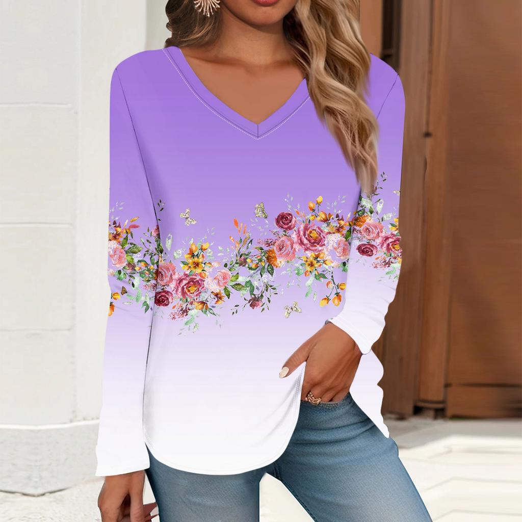 Women's T Shirt Retro Print Long Sleeve Daily Weekend Daily Basic V Neck Regular  Fall Winter Tops