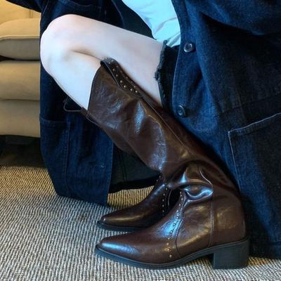 Мода 2025 Новые женские ботфорты с острым носком, на высоком блочном каблуке, рыцарские сапоги