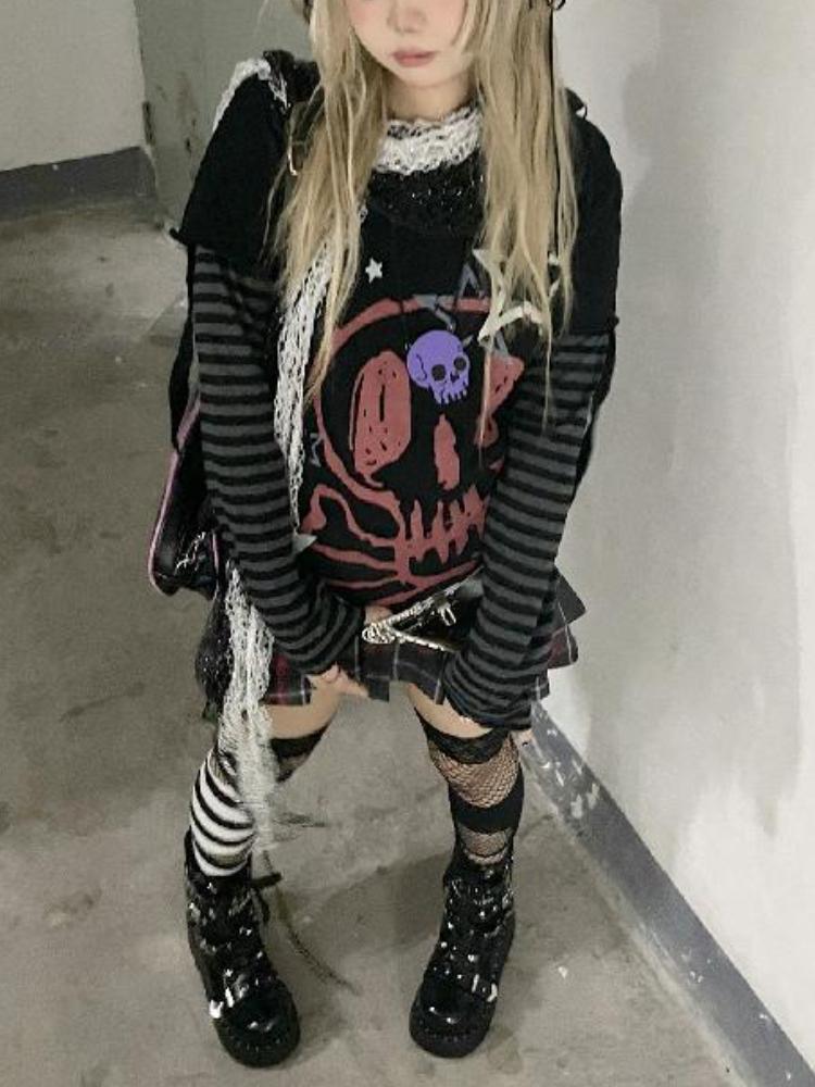 Осенняя эстетика панк-принт с длинными рукавами, женская футболка Harajuku Rock Y2k Fake из двух частей, японская мода, свободная повседневная одежда
