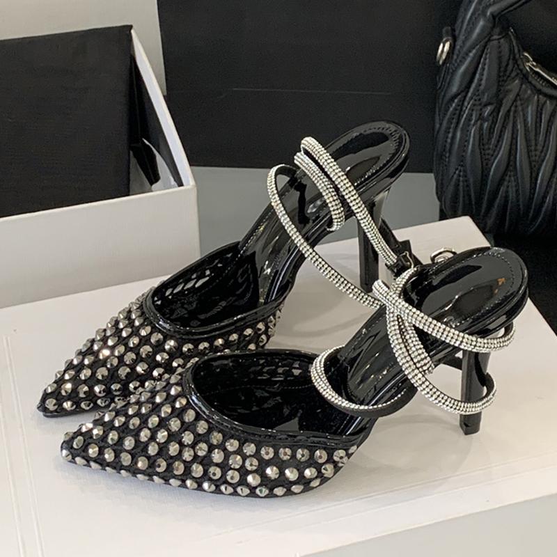 Женские дизайнерские сандалии-слингбэки с острым носком из сетки со стразами, с кристальным ремешком на щиколотке, женские туфли-лодочки на высоком каблуке, обувь для вечеринок и выпускного вечера
