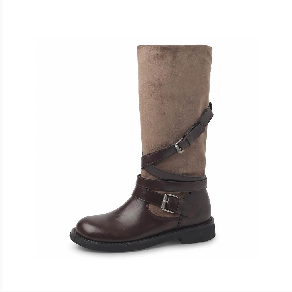 Galoa~ Vintage Belt Buckle Pile Boots Women's Maillard Western Cowboy Boots Knight Boots Long Boots Tall Boots