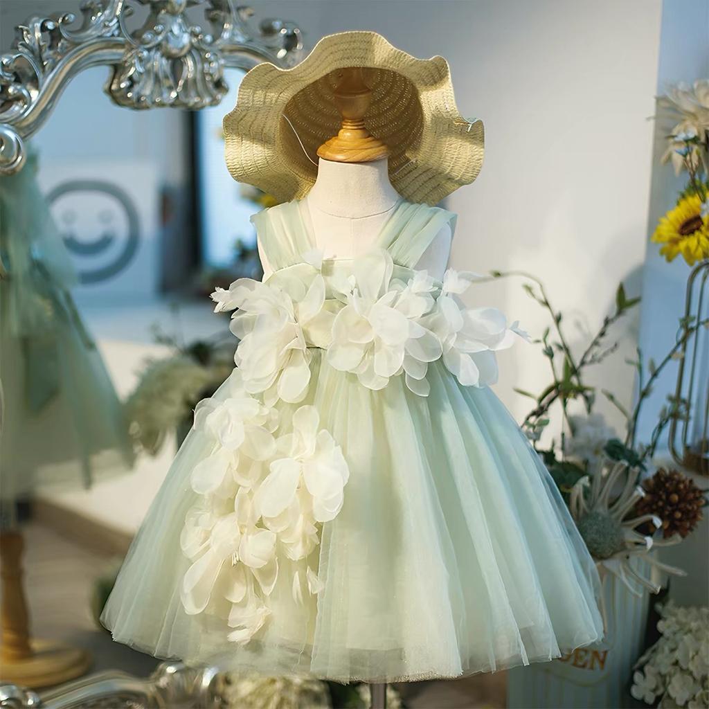 Girls Mint Green Tulle Dress With 3D Flowers And Bows Fairy Party Gown For Children