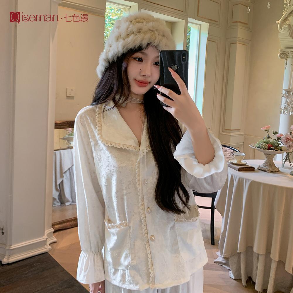 Small lapel gold velvet pajama set, jacquard high-end style, women's loungewear, can be worn out, simple pajamas, women's autumn and winter