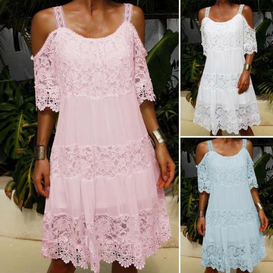 Sling Cold Shoulder Half Sleeve Summer Dress Crochet Embroidery Lace Stitching Mini Dress Female Clothing