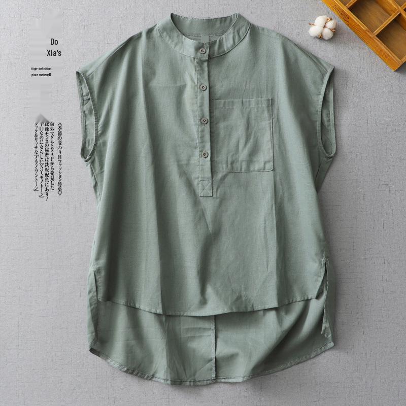 Ретро Топ без рукавов с воротником-стойкой из хлопка и льна для женщин - Весна/Лето