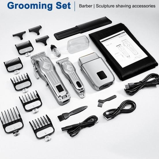 Мужской комплект машинки для стрижки волос 3 в 1, беспроводной набор для стрижки, электробритва, триммер для бороды, лезвия из нержавеющей стали, ЖК-дисплей, USB-кабели для зарядки, бритва