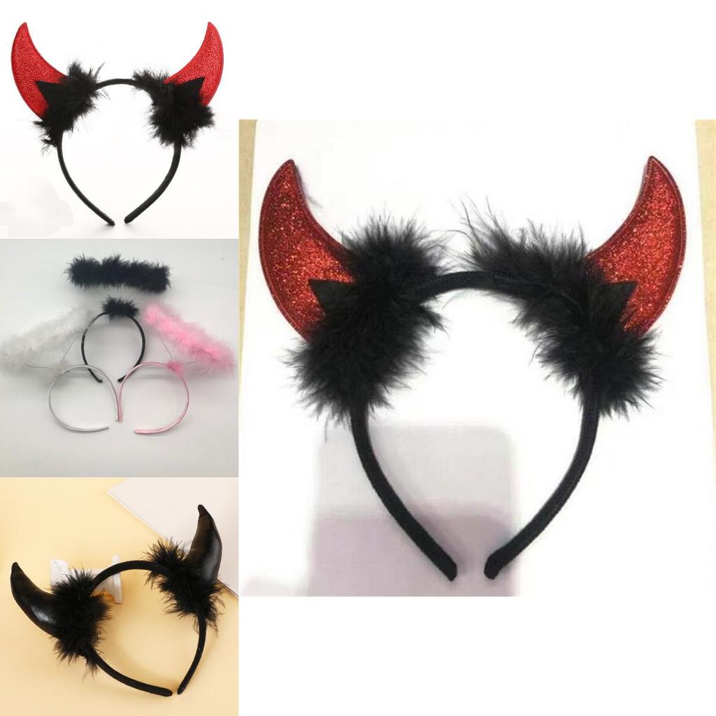 Повязка на голову для Хэллоуина и Рождественской вечеринки с белым пером, рожками ангела и демона, для костюма и праздничного декора